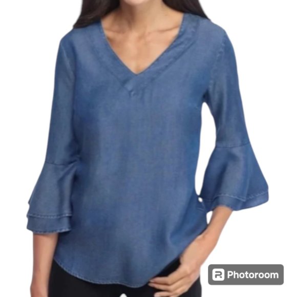 White House Black Market 3/4 Bell-Sleeve V-Neck Blouse Top Size 8 Medium - Picture 1 of 9